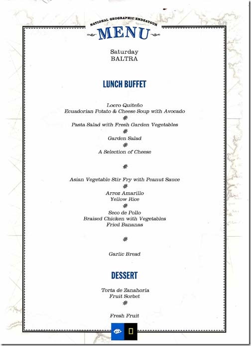 Lindblad National Geographic Endeavour Saturday Lunch Menu