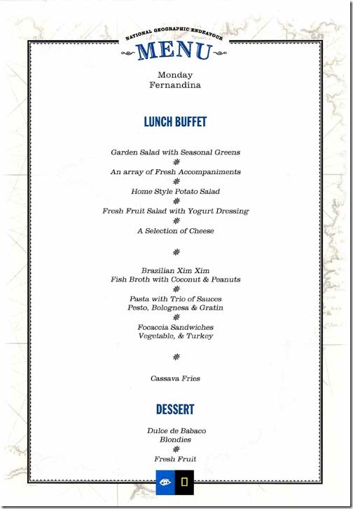 Lindblad National Geographic Endeavour Monday Lunch Menu