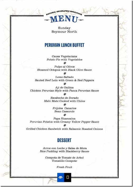 Lindblad National Geographic Endeavour Sunday Lunch Menu