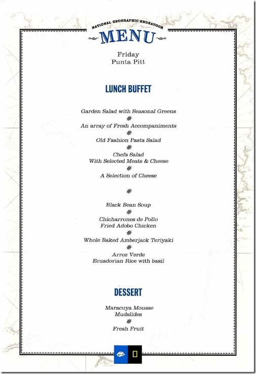 Lindblad National Geographic Endeavour Friday Lunch Menu