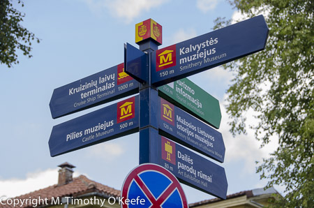 Klaipeda Lithuania bilingual directional signs in English and Lithuanian