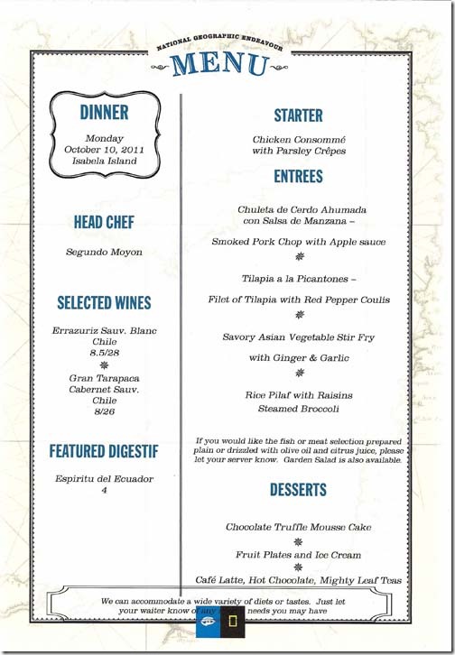 Lindblad National Geographic Endeavour Monday Dinner Menu