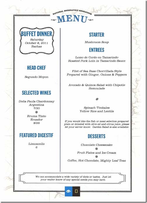 Lindblad National Geographic Endeavour Saturday Dinner Menu