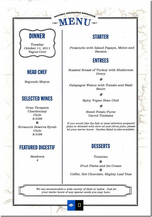 Lindblad National Geographic Endeavour Tuesday Dinner Menu