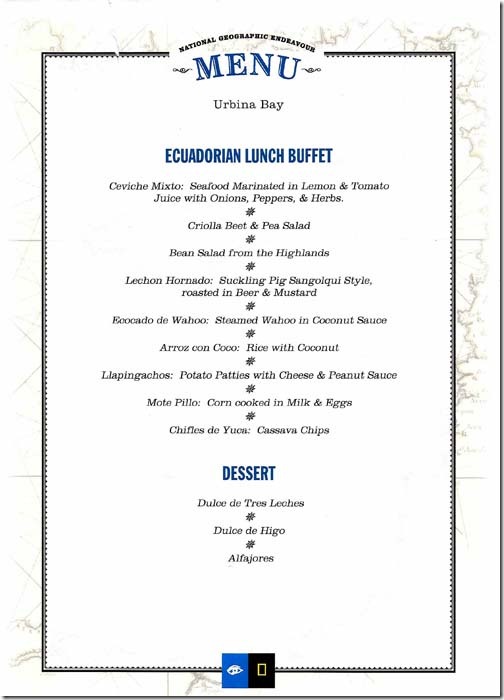 Lindblad National Geographic Endeavour Tuesday Lunch Menu