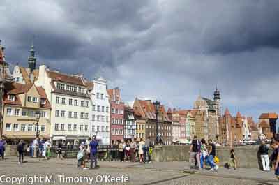 Motlawa River bridge with Gdansk Old Town in background, Poland